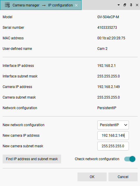 Fig. 227: Configure the IP address of a GigE camera